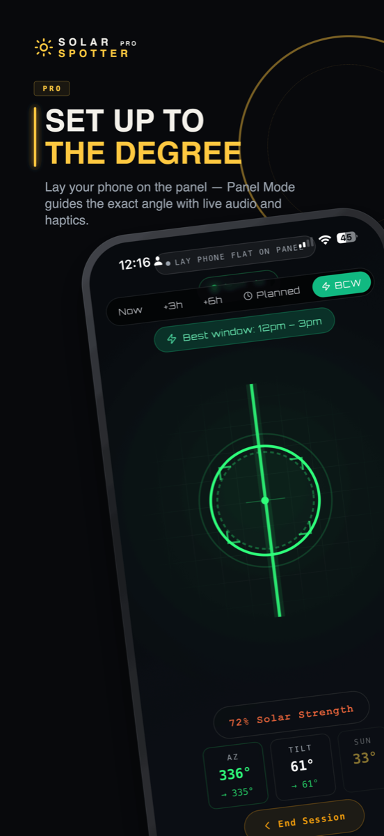 AR Panel Mode — phone laid flat on the panel for degree-level alignment with live Solar Strength