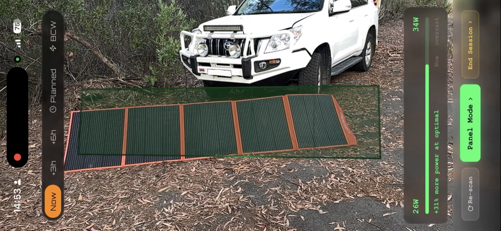 AR Overlay Mode on a solar blanket in the bush — ghost showing the optimal position and the extra power available at optimal