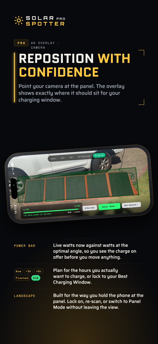 AR overlay showing the optimal panel position for your charging window