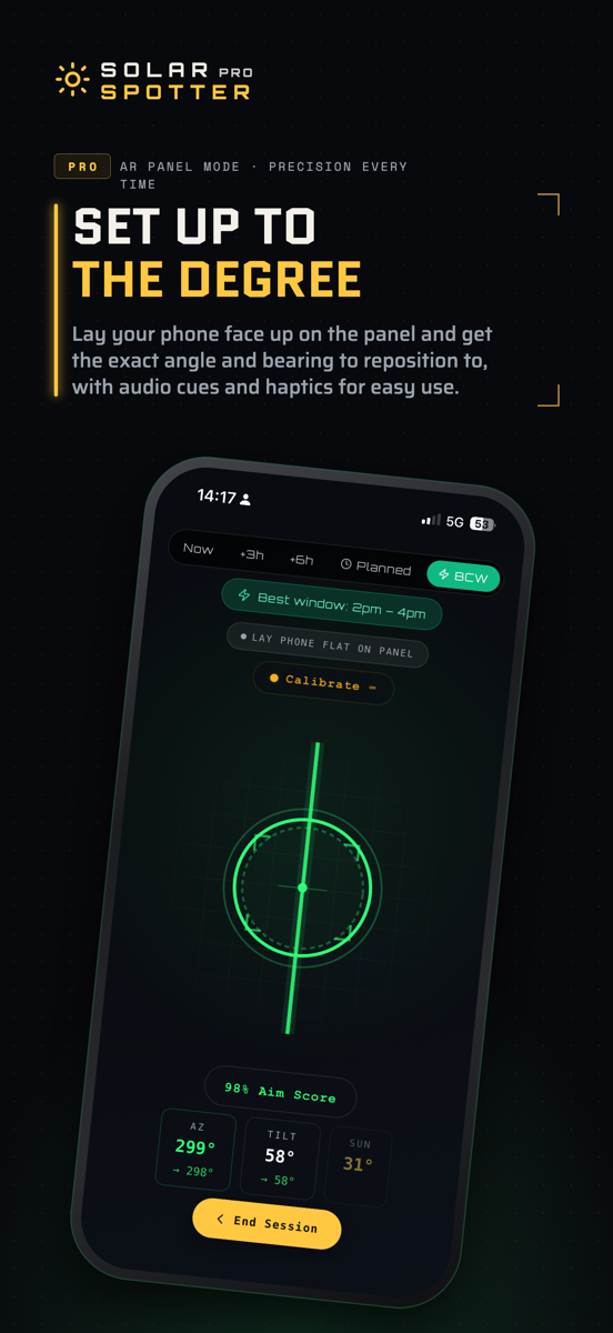 AR Panel Mode — phone laid flat on the panel for degree-level alignment