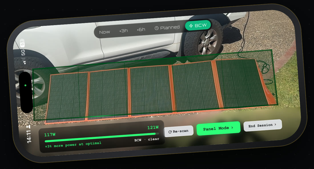Solar Spotter AR Overlay on a solar blanket beside a 4WD, showing where the blanket should sit and a power bar of the extra charge available